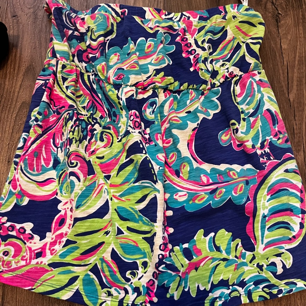 Lilly Pulitzer Navy Blue Multi-Color Tropical Print Strapless Top